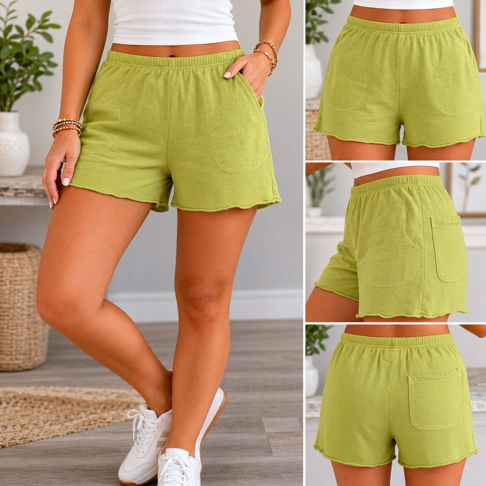 The Great Cotton Lounge Shorts Womens 0 Lime Green Casual Raw Hem Drawstring